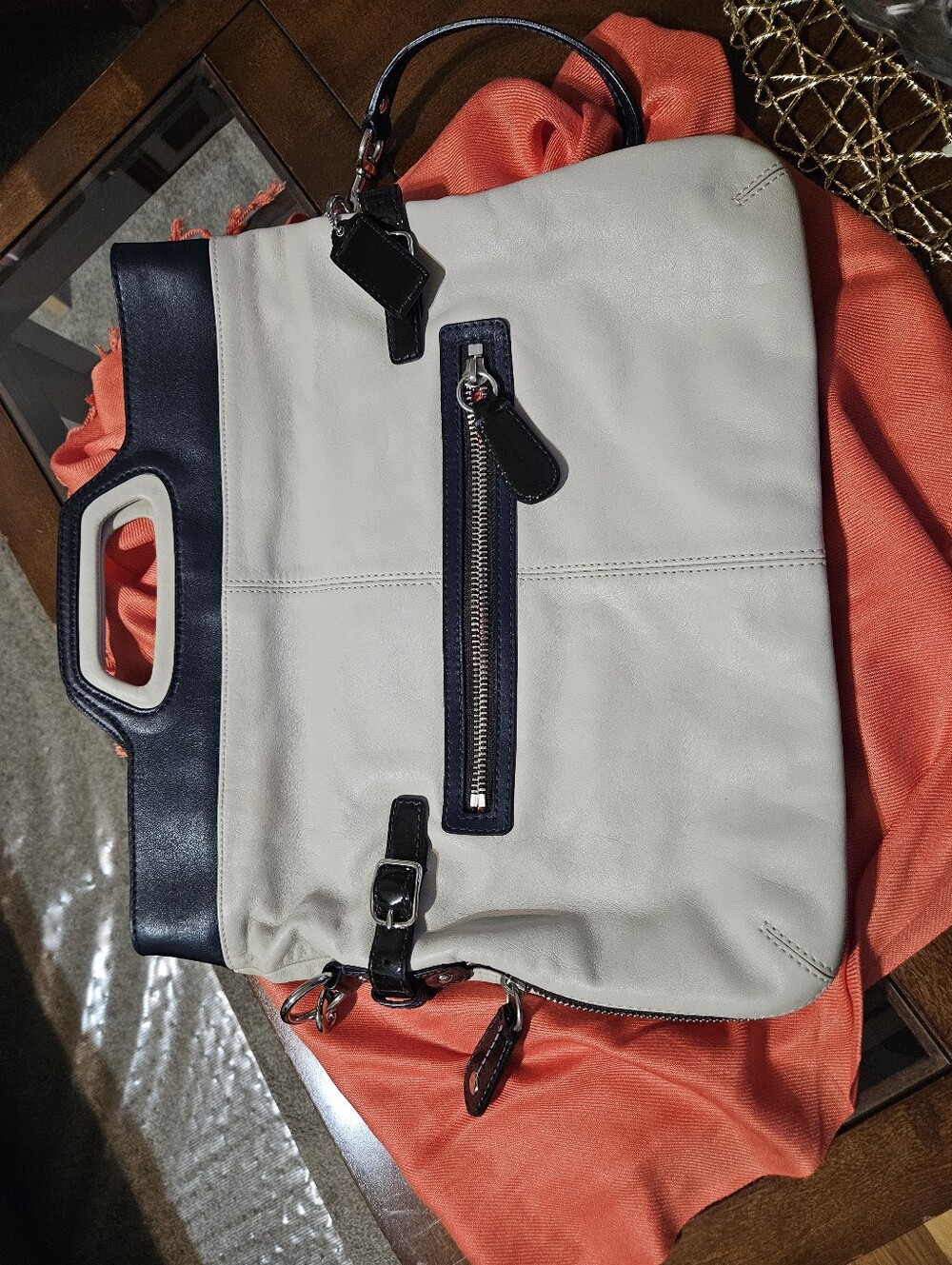 CoachBonnie Foldover Convertible Leather Two-Tone Shoulder Bag in Cream and Navy